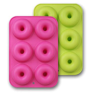 Imagem de HomEdge moldes de donut de silicone, 2 pacotes de panelas de silicone antiaderentes de grau alimentício para assar donuts, verde e rosa