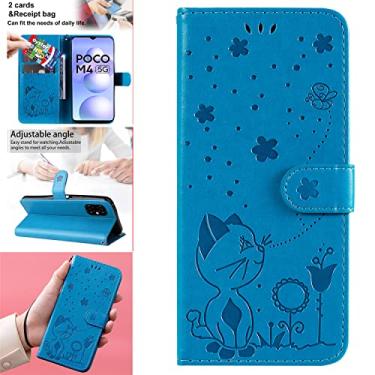 Imagem de Capas de telefone de abelha de gato em relevo compatíveis com Xiaomi Poco M4 5G Poco M5 4G Capa de couro de luxo slots para cartão de visita clipe de carteira capas à prova de choque (azul, Xiaomi Poco M4 5G)