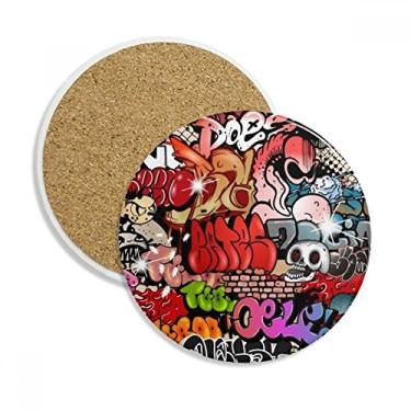 Imagem de Graffiti Street Caveira colorida com pintura de parede Caneca porta-copos de proteção de mesa Pedra absorvente
