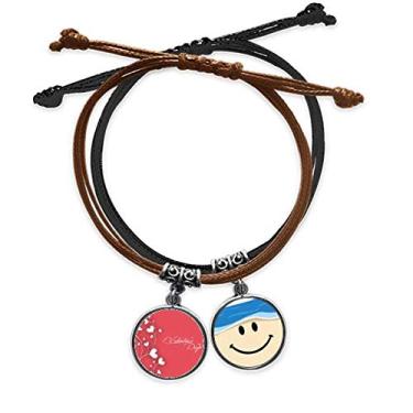 Imagem de DIYthinker Pulseira de couro branco corações vinhas dia dos namorados rosa corrente de mão pulseira de couro sorridente