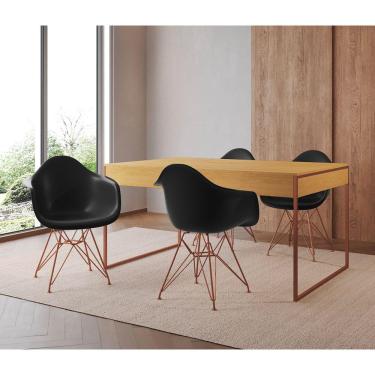 Imagem de Mesa Jantar Industrial Filadélfia Canela 137x90cm com 4 Poltronas Eames Eiffel Pretas Base Cobre