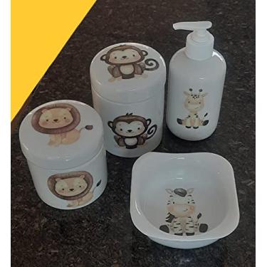 Imagem de Kit higiene bebê Safari 4 peças - potes, porta álcool e molhadeira - Tudo porcelana
