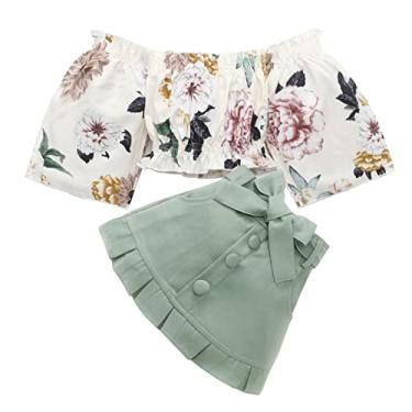 Imagem de Roupas de bebê para meninas roupas de verão manga curta fora do ombro floral plissado camiseta (verde, 3 anos)