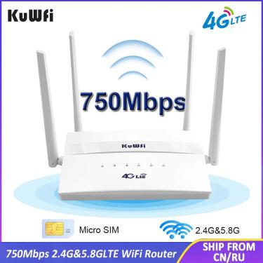 Imagem de KuWFi 4G LTE Roteador WiFi Sem Fio 3G 4G SIM Roteador Wifi 2.4G 5.8G Dual Band 750Mbps Roteador LAN