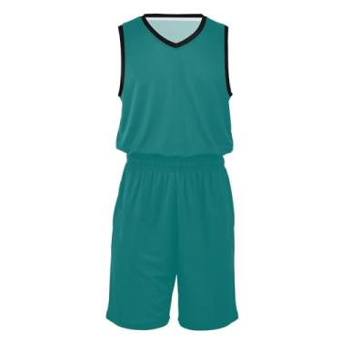 Imagem de Conjunto de uniforme de basquete masculino leve e shorts de basquete roupas hip hop para festa, Verde-azulado, XXG