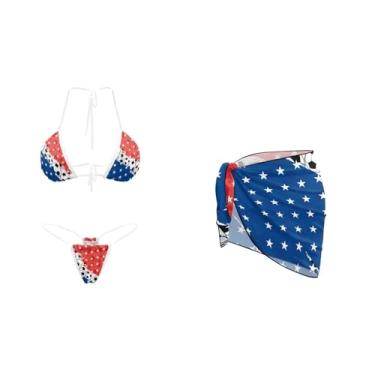 Imagem de Tomeusey Biquíni feminino sexy de 3 peças, conjunto de biquíni triangular, com saída de chiffon, sarongues de praia, Bandeira americana de futebol americano, GG