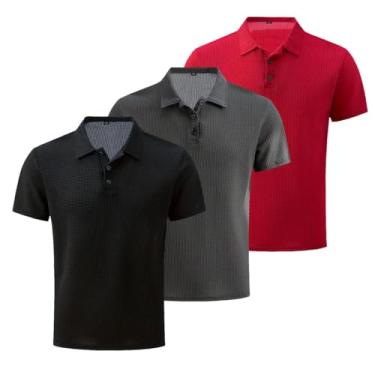 Imagem de 3 peças/conjunto de malha confortável camisa masculina elástica manga curta lapela golfe camiseta verão ao ar livre, presente para homens, Preto + cinza escuro + vermelho, XXG