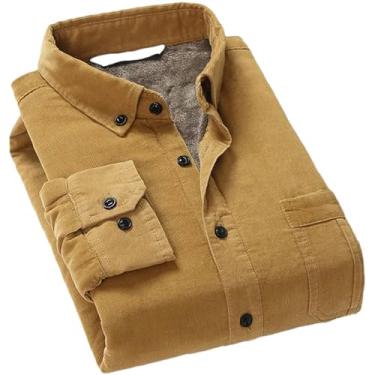 Imagem de Camisa masculina de algodão veludo cotelê quente inverno forro grosso de lã térmica manga comprida camisas masculinas, Caqui, G