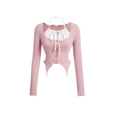 Imagem de BEAUDRM Camisetas femininas de manga comprida frente única com botões e acabamento em alface assimétrica, bainha assimétrica, malha canelada, rosa, M