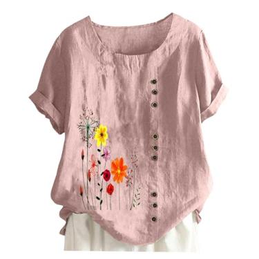 Imagem de Blusa feminina de verão 2024 moderna gola redonda manga curta estampa floral abotoada camiseta casual de linho de algodão, Ofertas relâmpago rosa, P