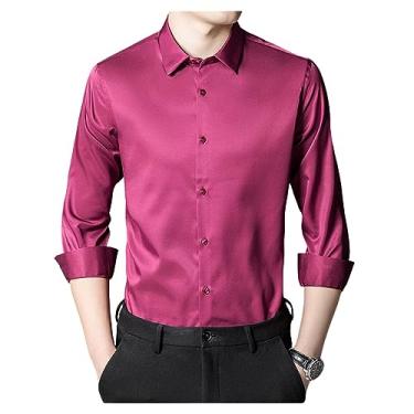 Imagem de Camisa social masculina elástica gola lapela manga longa camisa formal seda não passar a ferro, Cor 5, M