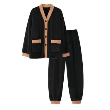 Imagem de Conjunto de pijama masculino de flanela com 2 peças, cores contrastantes, conjunto de pijama com gola V, Preto, G