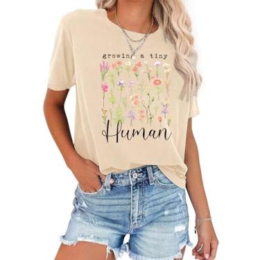 Imagem de LAZYCHILD Camiseta feminina de anúncio de gravidez crescendo minúsculo humano camiseta floral maternidade revelação camiseta tops gravidez, Creme, GG