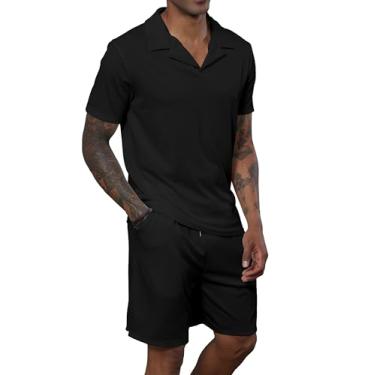 Imagem de Uni Clau Conjunto de shorts masculinos, 2 peças, camisa polo de manga curta, moda de verão, casual, conjunto de shorts, Preto, 3G