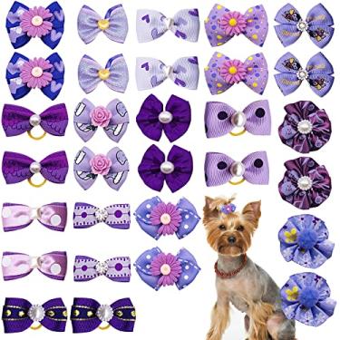 Imagem de JpGdn 30 peças/15 pares de laços de pelo de cachorro roxo com elásticos para cabelo de filhote, laço, nó superior elástico para meninas, cachorrinho, gato, coelho, poodle, animais de estimação, acessórios, acessórios de cuidados