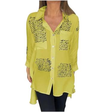 Imagem de Camisetas femininas para inverno, outono, gola alta, estampada, caimento solto, cardigã longo, blusas femininas 2024, Y-294 amarelo mostarda, 4G