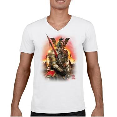 Imagem de Camiseta Apocalypse Reaper gola V Fantasia Esqueleto Cavaleiro com uma Espada Medieval Criatura Lendária Dragão Mago, Branco, G