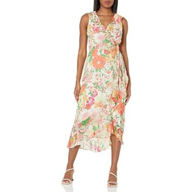 Imagem de London Times Vestido longo feminino de chiffon com babados e babados para convidadas de casamento, Creme/laranja, 25 Plus Size