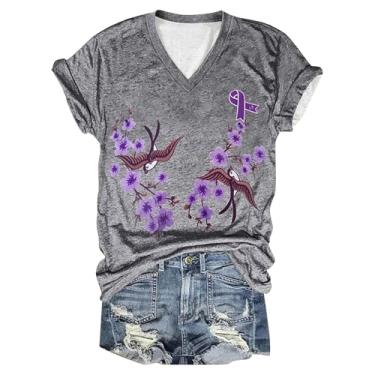 Imagem de PKDong Camisetas femininas de conscientização de Alzheimer estampadas florais flores roxas camisetas com gola V camisetas de verão modernas, Cinza, GG