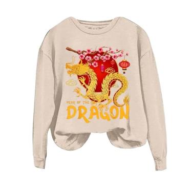 Imagem de Duobla Moletom feminino fashion com estampa do ano do dragão, manga comprida, engraçado, vintage, estampado, pulôver, camisetas fofas, A-1-bege, P