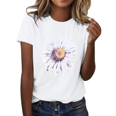Imagem de Camiseta feminina com estampa floral, manga curta, gola redonda, leve, macia, casual, roupa de verão, ajuste técnico, Branco, 3G