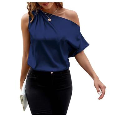 Imagem de Camiseta feminina de cetim com ombro de fora e manga morcego de manga coberta 2024 cor sólida elegante com cinto, A, M