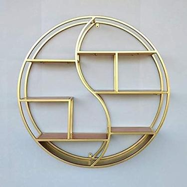 Imagem de Prateleiras montadas em ferro forjado industrial retrô, redondas, de madeira e metal preto, para decoração de parede, estante criativa, estante, ouro, 88x16 cm