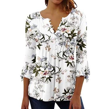 Imagem de Túnica feminina comprimento 3/4 manga sino gola V camiseta boêmio estampa floral outono 2024 blusa verão moderna, Bege, XXG