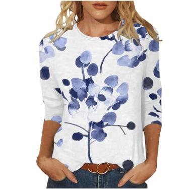 Imagem de Camiseta casual de manga 3/4 para mulheres, outono, verão, moderno, retrô, estampa de flores silvestres, pulôver, blusas, confortáveis e soltas, Z2 - azul celeste, P