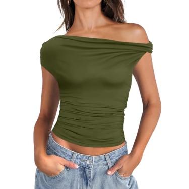 Imagem de Micoson Camiseta feminina com ombros de fora, gola canoa, sem mangas, gola canoa, camiseta de verão, caimento justo, roupas Y2K, Verde militar, G