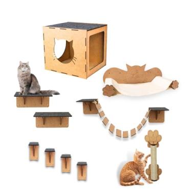 Imagem de BOXFAN Playground de Gato 10 Peças Ponte Casinha Toca Arranhador Rede Circuito Suspenso em Mdf Parquinho Pet
