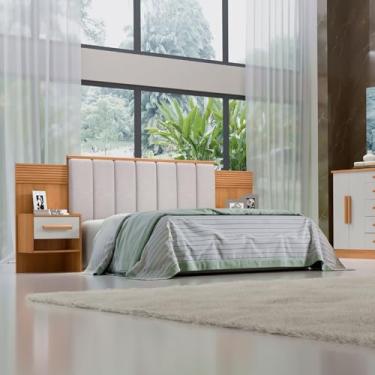 Imagem de Cabeceira Casal 140cm Ripada 100% Mdf Estofada Isis com 02 Mesas de Cabeceira Espresso Móveis Cinamomo/Off White/Areia