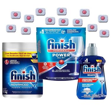 Imagem de Combo Especial Finish para Máquina Lava-Louças Pratos Multimarcas com Detergente em Pó 1Kg, Sabão em Tabletes PowerBall 13 unidades e Secante Abrilhantador 250mL para Copos e Taças