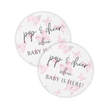 Imagem de Pop and Cheer When Baby is Here Butterly Hang Tag | 30 unidades, círculo, borboletas, cartões florais, adesivos, modernos, minimalistas, champanhe, etiquetas, fita de lembrancinhas de festa para chá