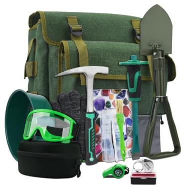 Imagem de Kit de 15 peças de martelos geológicos, martelo de 623 g e cinzéis de escavação para caça de rochas, equipamento de mineração e prospecção de ouro, pá, mochila, lupa, óculos, apito, peneira de solo