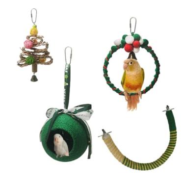 Imagem de 4 peças de brinquedos de papagaio, papagaios grandes para mastigar araras de tamanho médio, blocos de madeira natural de Natal, papagaios cinzentos africanos, papagaios da Amazon, brinquedos de gaiola