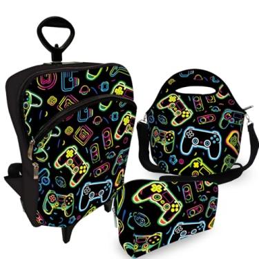 Imagem de Kit Mochila de Carrinho C/Roda Infantil + Lancheira + Estojo Games Neon