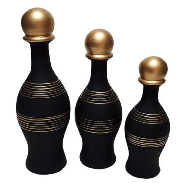 Imagem de Trio Vasos Pinos de Boliche Grande em Cerâmica Fosca Decor - Black Gol