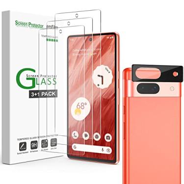 Imagem de amFilm (Pacote com 3 + 1) 3 películas protetoras de tela de vidro temperado para Google Pixel 7a, com 1 pacote de protetor de lente de câmera, 0,33 mm de espessura, HD transparente, antiarranhões e sem bolhas