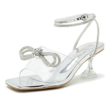 Imagem de Enelauge Sandália feminina de cristal com laço duplo transparente, salto baixo, cadarço e bico quadrado, 6 cm, Prata, 36