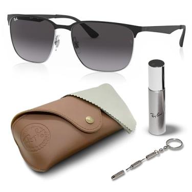 Imagem de Ray-Ban RB3569 Óculos de sol quadrados com kit de óculos – protetores de nariz ajustáveis – Óculos de sol quadrados, Armação preta polida em prata | Lente gradiente cinza claro, 59mm