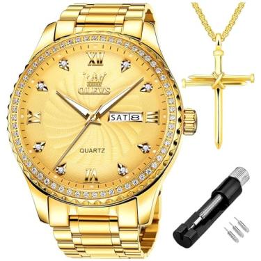 Imagem de OLEVS Relógios de diamante para homens, relógio social à prova d'água luminoso, masculino dourado grande mostrador luxuoso casual quartzo relógios analógicos com calendário de data