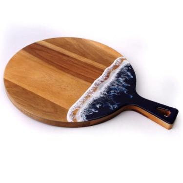 Imagem de Tábua de corte de ondas do oceano de madeira natural com alça, onda de resina epóxi, presente corporativo, presente de corretor de imóveis, tábua de queijo, tábua de charcutaria (redonda com alça 39,9