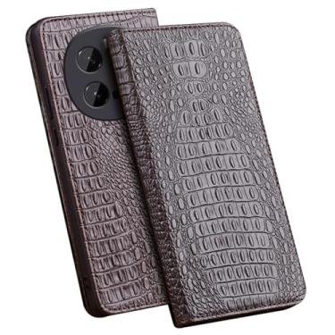 Imagem de POYUFRG Capa de couro genuíno para Honor Magic 7 Pro/7, capa flip de luxo para alívio de crocodilo, fecho magnético, forro de fibra, suporte fólio, capa de telefone, marrom, 7