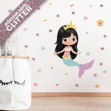 Imagem de Adesivo de Sereia Infantil Menina Cabelo Preto Liso Glitter - Quartinh