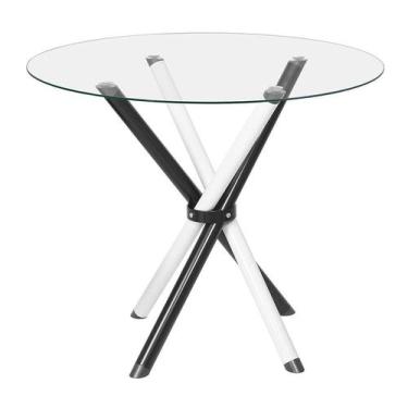 Imagem de Mesa de Jantar Redonda com Tampo de Vidro Lorena Branca e Preta 90 cm 