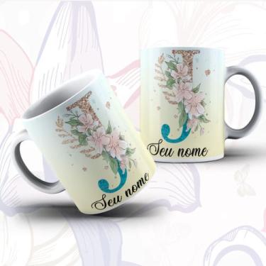 Imagem de Caneca Porcelana Alfabeto Floral Glitter Personalizada Com Inicial E N