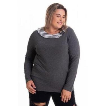 Imagem de Blusa Manga Longa Malha Visco Gola Listrada com Detalhe e Aplique de Flor-Feminino