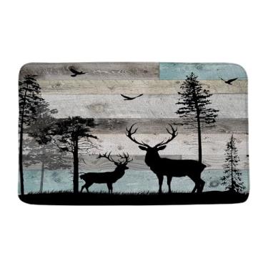 Imagem de VPUPCN Tapete de banho rústico de veado cabana alce floresta animal selvagem vintage fazenda campo acampamento microfibra espuma memória tapete de banheiro capacho cozinha banheiro tapete