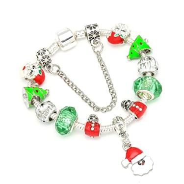 Imagem de Pulseira de Natal 2021 Papai Noel com contas vermelhas e verdes e joias serpentinas com fecho e corrente separadora (tamanho padrão Pandora 5 mm) expansível e adaptável, Prata, Vidro de cristal e